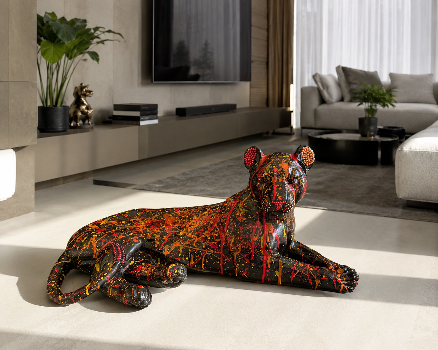 Bagheera Shadow — panthère noire couchée, projections de couleurs vives
