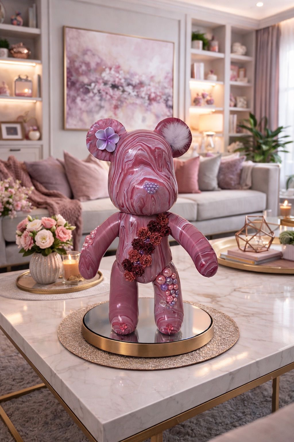 Pièce sur mesure — sculpture rose poudré ornée de fleurs sculptées et accents dorés