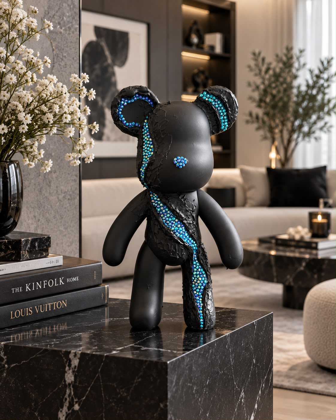Blue Venom — ours décoratif noir mat traversé d'une coulée de cristaux bleus
