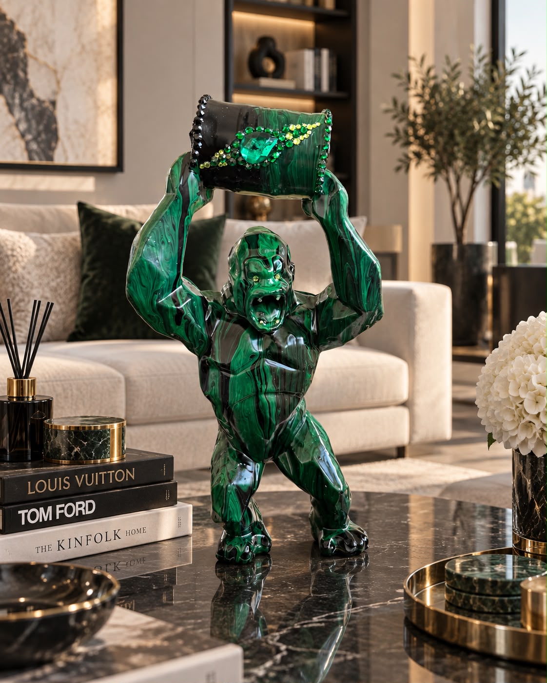 Donkey — sculpture gorille vert malachite portant un coffre serti de cristaux