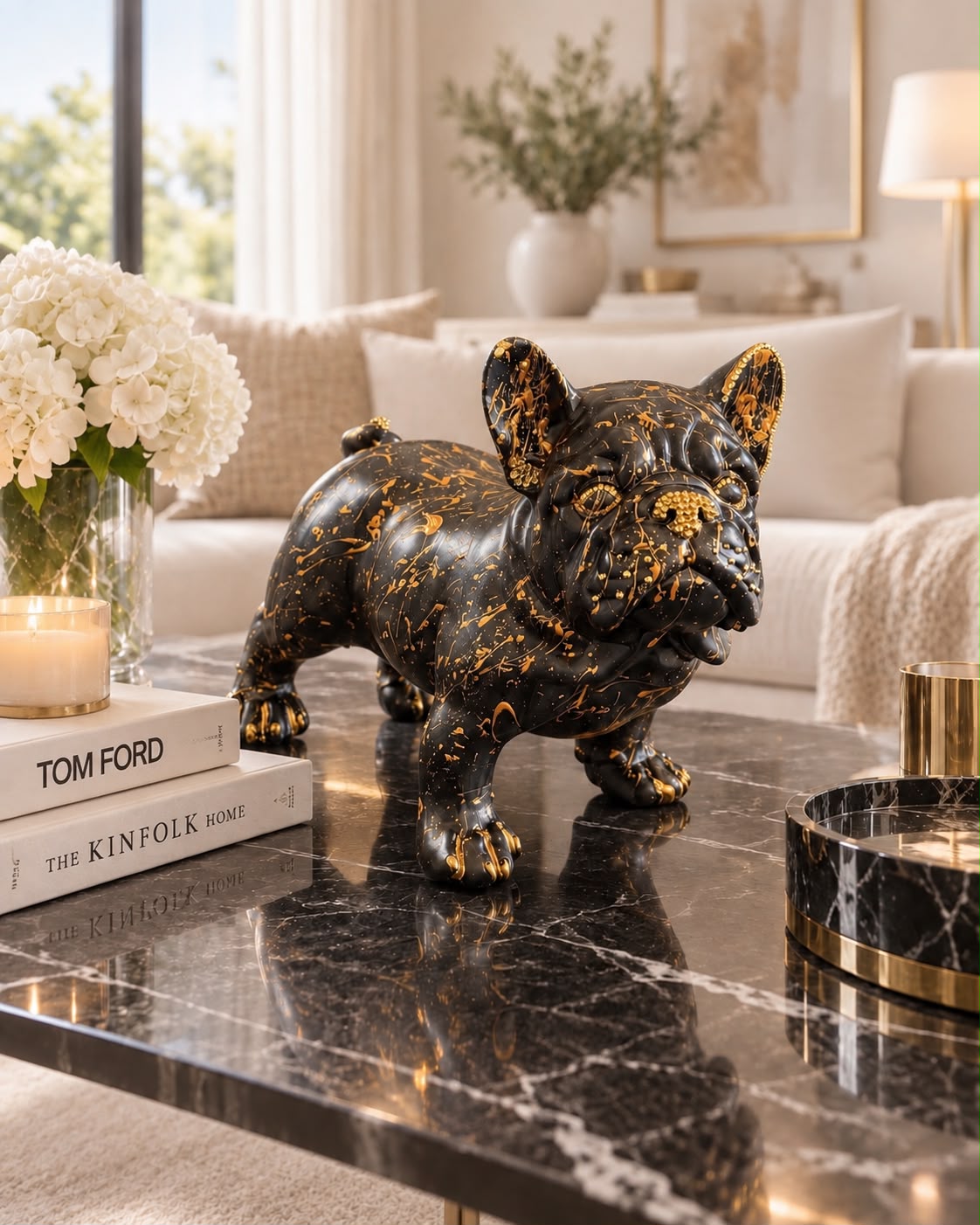 Paloma — sculpture bouledogue noir aux éclaboussures dorées