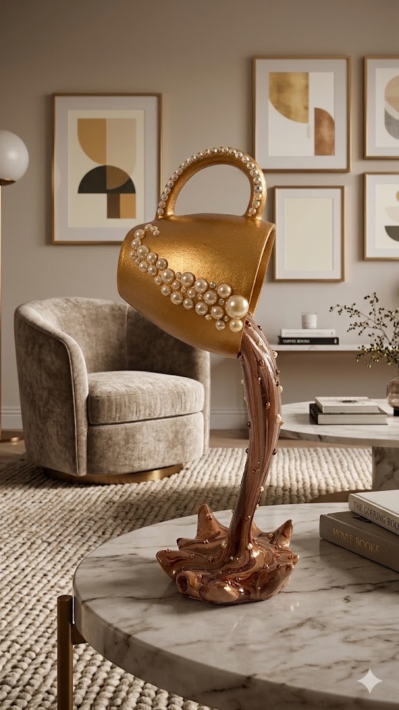 Pearl Coffee — sculpture crème nacrée, perles dorées