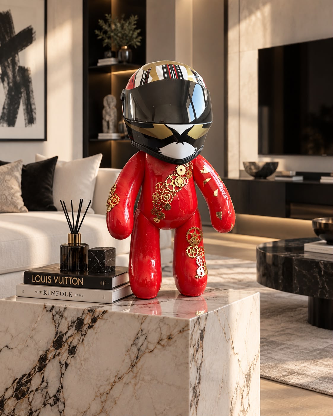 Ride — ours décoratif rouge au casque de pilote, engrenages dorés